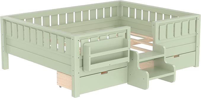 Bellemave Full Size Kids Bed with high Rails and with Built-in Bookshelf and Drawers for Kids, Girls, Boys, Wood Montessori Bed Without Door, Avocado Green