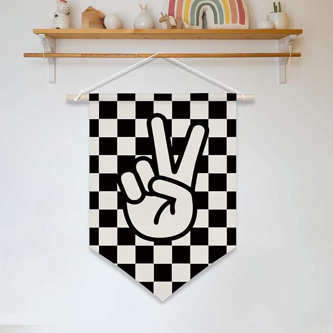 Peace Sign Wall Hanging Banner,Black and White Checkered Canvas Flag for Boys Room, Teen Room, Cool Skateboard Vibes Poster Decor, Retro Hand Gesture Hanging Sign 11x16inch(KD28)