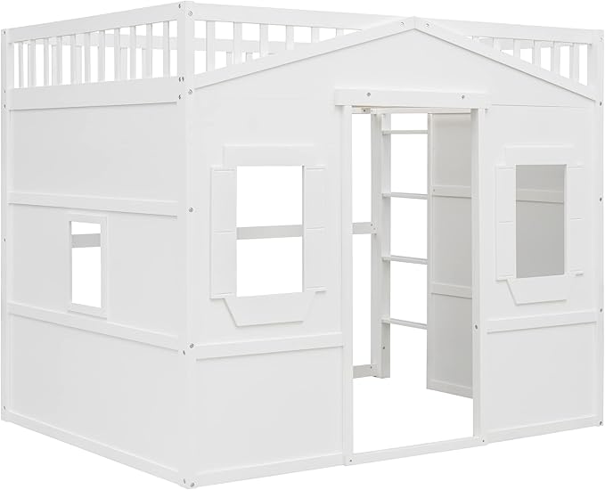 Full Size Loft Bed with Safety Guardrail for Kids Boys Girls, Playhouse Design Solid Wood Loft Bed Frame with Ladder and Windows, Strong Wood Slats Support, Space-Saving (White)