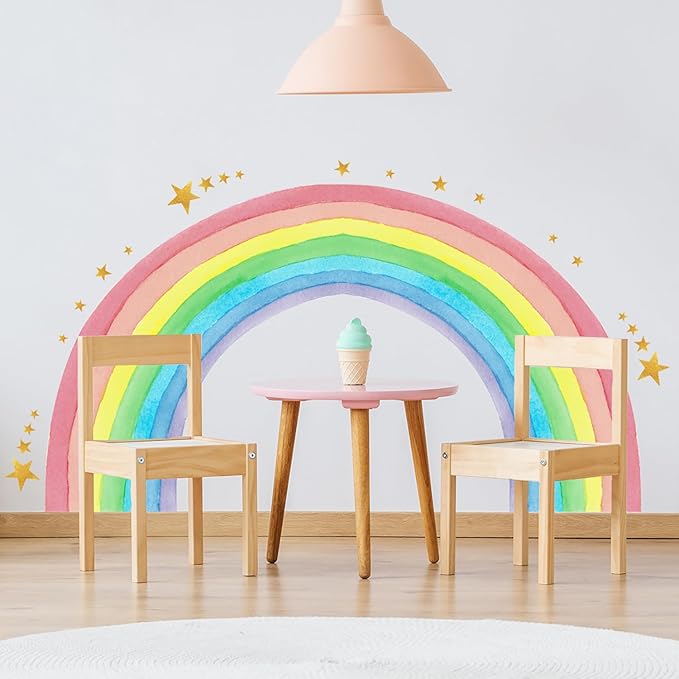 Large Watercolor Rainbow Wall Stickers, Star Colorful Peel and Stick Wall Decals, Baby Room Nursery Kids Bedroom Art Wall Decor