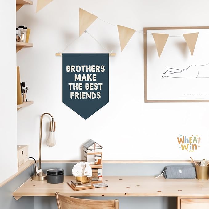 Wheatwin Boys Room Decor, Brothers Make the Best Friends Wall Hanging Pennant Flag Banner, Navy Blue Wall Decor for Nursery Toddler Baby Little Boys Bedroom Playroom 15x11 Inch
