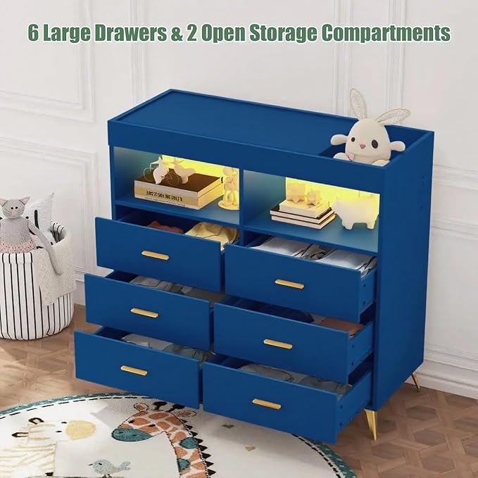 Dresser for Bedroom with LED Lights and Power Outlet, Baby Changing Table Dresser with 6 Drawers, 2 Open Storage Shelves, Baby Diaper Station with Changing Table Top (Blue)