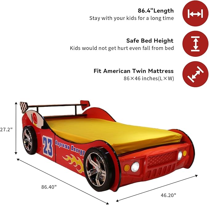 LKTART Twin Size Car Bed for Kids, Race Car-Shaped Wooden Platform Bed Frame with Headboard Wheels and Support Slats for Boys Toddlers Child's Bedroom (Red)