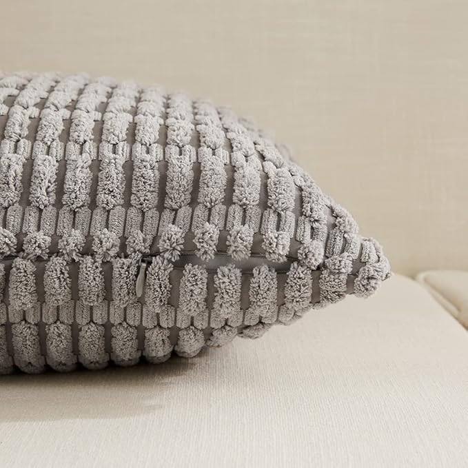 Fancy Homi 2 Packs Gray Lumbar Farmhouse Decorative Throw Pillow Covers 12x24 Inch for Living Room Couch Bed Sofa, Rustic Boho Home Decor, Soft Striped Corduroy Rectangle Cushion Case 30x60 cm