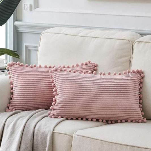 Fancy Homi 2 Pack Blush Pink Lumbar Decorative Throw Pillow Covers 12x24 Inch with Pom-poms for Couch Bedroom Sofa, Farmhouse Boho Home Decor, Soft Corduroy Solid Rectangle Cushion Case 30x60 cm
