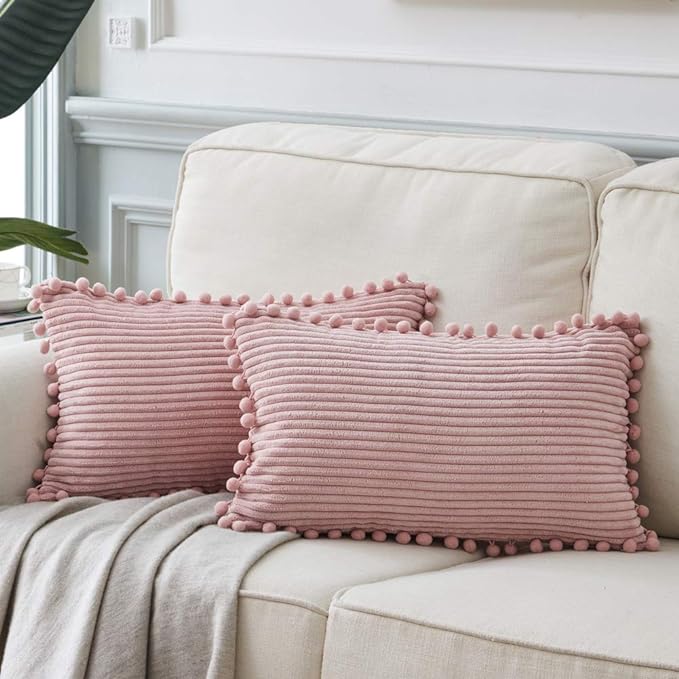 Fancy Homi 2 Pack Blush Pink Lumbar Decorative Throw Pillow Covers 14x24 Inch with Pom-poms for Couch Bedroom Sofa, Farmhouse Boho Home Decor, Soft Corduroy Solid Rectangle Cushion Case 35x60 cm