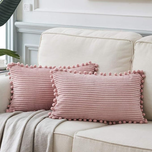 Fancy Homi 2 Pack Blush Pink Lumbar Decorative Throw Pillow Covers 14x24 Inch with Pom-poms for Couch Bedroom Sofa, Farmhouse Boho Home Decor, Soft Corduroy Solid Rectangle Cushion Case 35x60 cm