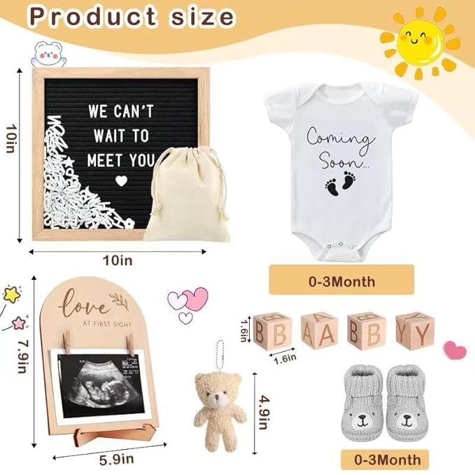 9 Pcs Pregnancy Announcements Set, Include Felt Letter Board Baby Bodysuit Shoes and Wooden Sign Surprise Announcement for Grandparents Partner Gift Family Reveal(White Coming soon-grey shoe)