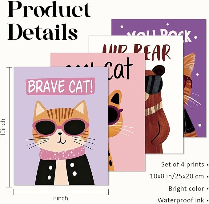VONTP Funny Cat Bear Wall Art Decor, Cat Bear Animal Nursery Prints Poster Wall Decorations for Kids Boys Girls Nursery Toddler Room Bedroom Playroom Classroom, 8x10 Inch Set of 4 (Unframed)