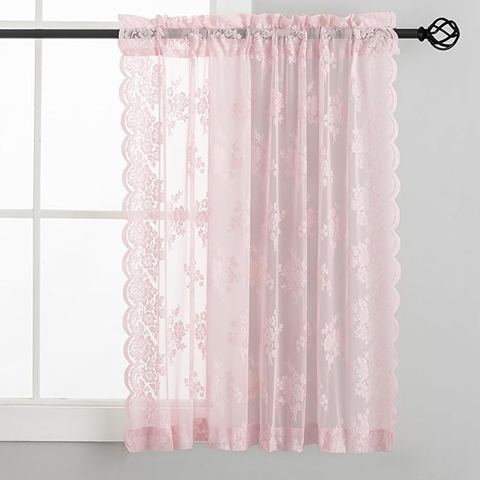 Pink Short Lace Curtains 36 Inch Length, 2 Panels, W42 x L36 Inch Each, Country Rustic Floral Short Sheer Curtains for Kitchen Window Over Sink, Rod Pocket Privacy Light Filtering Small Cafe Curtains