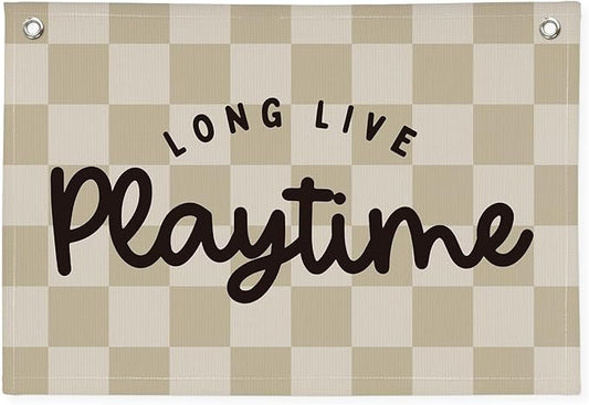 Playroom Wall Decor, Long Live Playtime Banner, Playroom Wall Decor Boy Nursery Decor, Checkered Canvas Banner Wall for Playroom Toddler Room, Boys Girls Kids Room,Classroom ，playtime