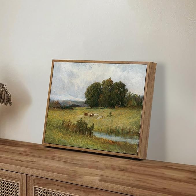 OIQArtOIQ Vintage Landscape Canvas Wall Art Framed Natural Scenery Painting Artwork Prints France Country Wilderness Farmhouse Decor Pictures Kitchen Bedroom Living Room Bathroom