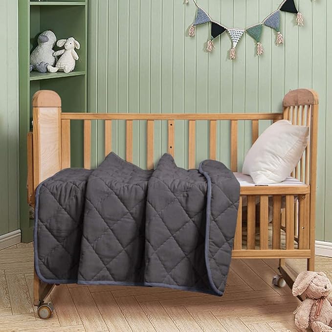 FLXXIE Machine Washable Microfiber Down Alternative Toddler Comforter, Super Soft and Lightweight Kids Crib Quilted Blanket for Stroller, Travel, 39x47 Inches, Dark Grey