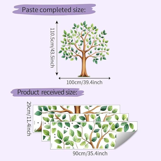 Large Green Tree Wall Decals, Watercolor Green Plant Tree Wall Stickers for Kids Bedroom Nursery Living Room Home Wall Decor, 39.4 x 43.5 inches