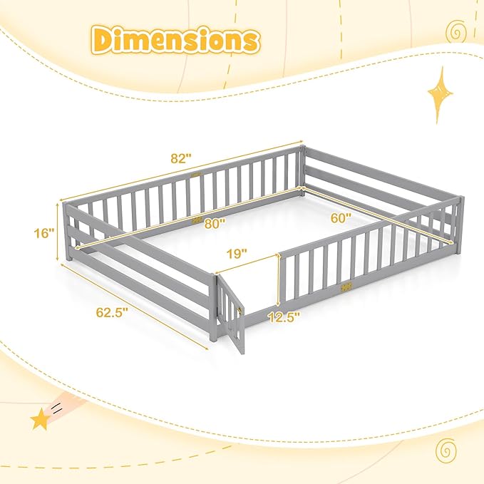KOMFOTT Queen Size Wood Floor Bed with Door & Fence, Montessori Bed Frame with Full Length Safety Guardrails, Door & Latch, Wooden Montessori Floor Bed for Kids, Girls, Boys (Queen,Grey)