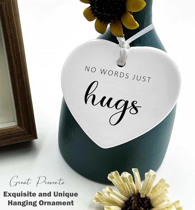 Heart Shaped Christmas Ornament-Inspirational Motivational Encouragement Gift-Thinking of You Get Well Soon Recovery Sympathy Present No Words Just Hugs Ceramic Keepsake