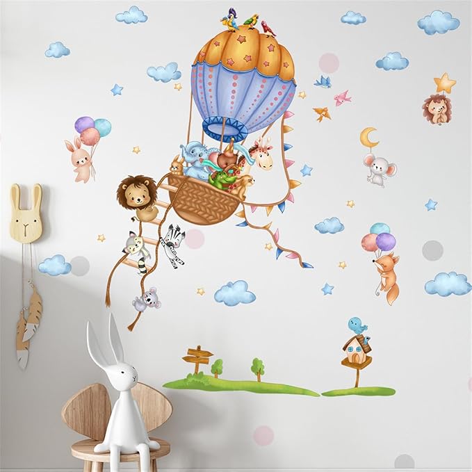Cute Animals Hot Air Balloons Wall Decals Clouds Stars Stickers Peel and Stick Kids Room décor Girls Bedroom Nursery Classroom Playroom Decorations