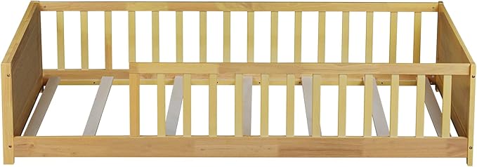 Twin Size Kids Montessori Floor Bed,Twin Floor Bed Frame with Slats and Bookcase,Solid Wood Montessori Bed for Girls Boys,Natural
