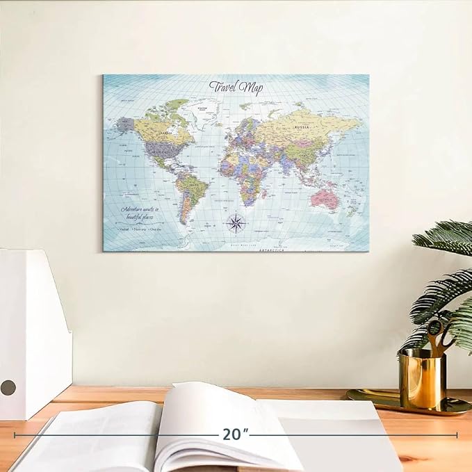 ElephantStock - Push Pin Travel Map World I Wall Art - Horizontal Canvas Wall Art - Living Room Wall Decor - Printmaking Map Canvas Art - Blue And Beige Decor - 12" x 8"