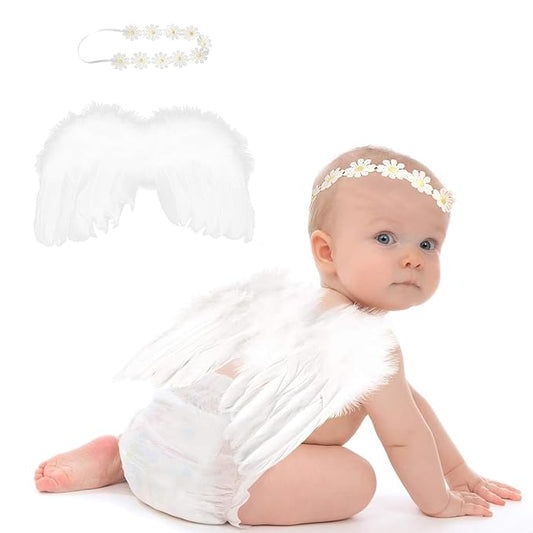 2PCS White Angel Feather Wings With Yellow Daisy Flower Headband Set For Newborn Infant Toddler Kids Baby Girls Photography Props Birthday Gift(Color C, One Size)