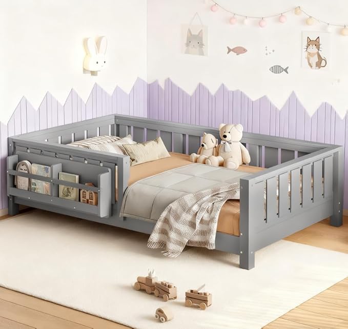 Bellemave Twin Size Floor Bed with high Rails and with Built-in Bookshelf for Kids, Girls, Boys, Wood Montessori Floor Bed Without Door, Gray