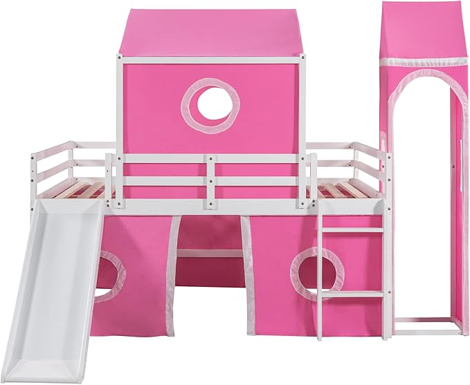 Playhouse Design Full Size Low Loft Bed with Slide & Tent and Tower, Solid Wood Tent Bed Frame for Kids Boys Girls, Versatile Spacious Under Bed Space with Curtains (Pink-TE)