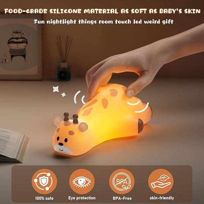 Cute Giraffe Night Light for Kids，3-Level Dimmable Nursery Nightlight, Silicone Squishy Light Up , Rechargeable Touch Control Nursery Bedside Light, Christmas Gift for Baby Toddler grandkids Room
