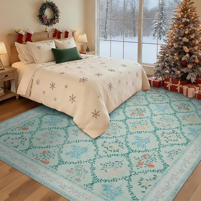 YIHOUSE Green Floral Print Rugs, Moroccan Trellis 10x14 Washable Large Rug, Modern Pastel Non Slip Ultra-Thin Area Rug for Classroom, Nursery Playroom,Dorm,Bedroom,Living Room, Green Multi