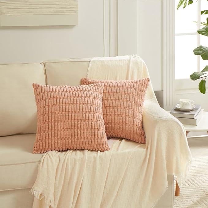 Fancy Homi 2 Packs Peach Farmhouse Decorative Throw Pillow Covers 18x18 Inch for Living Room Couch Bed Sofa, Rustic Boho Home Decor, Soft Striped Corduroy Square Cushion Case 45x45 cm