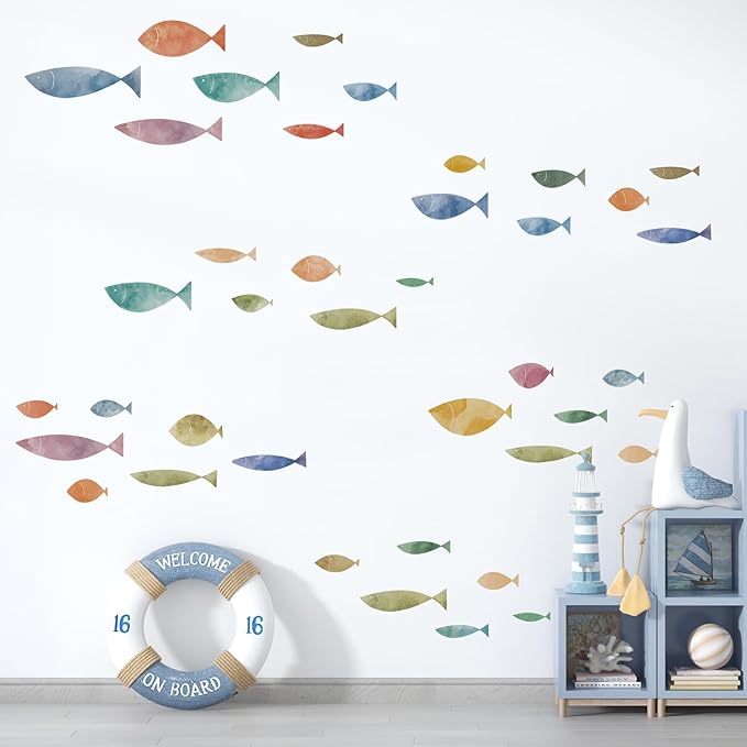 62 Pcs Watercolor Ocean Fish Wall Decals, Peel and Stick Ocean Wall Sticker, Removable Vibrant Sea Life Underwater Theme Wall Decor for Kids Room Nursery Bedroom Playroom Classroom