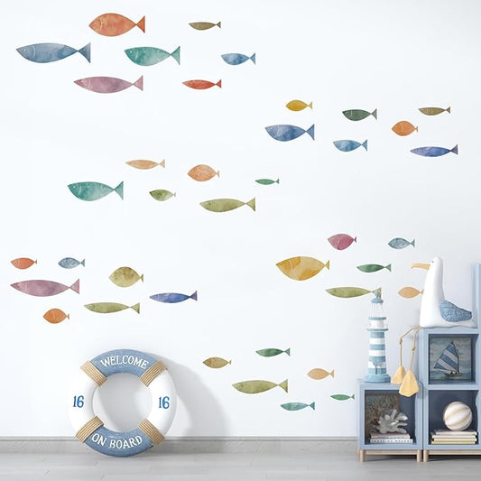 62 Pcs Watercolor Ocean Fish Wall Decals, Peel and Stick Ocean Wall Sticker, Removable Vibrant Sea Life Underwater Theme Wall Decor for Kids Room Nursery Bedroom Playroom Classroom