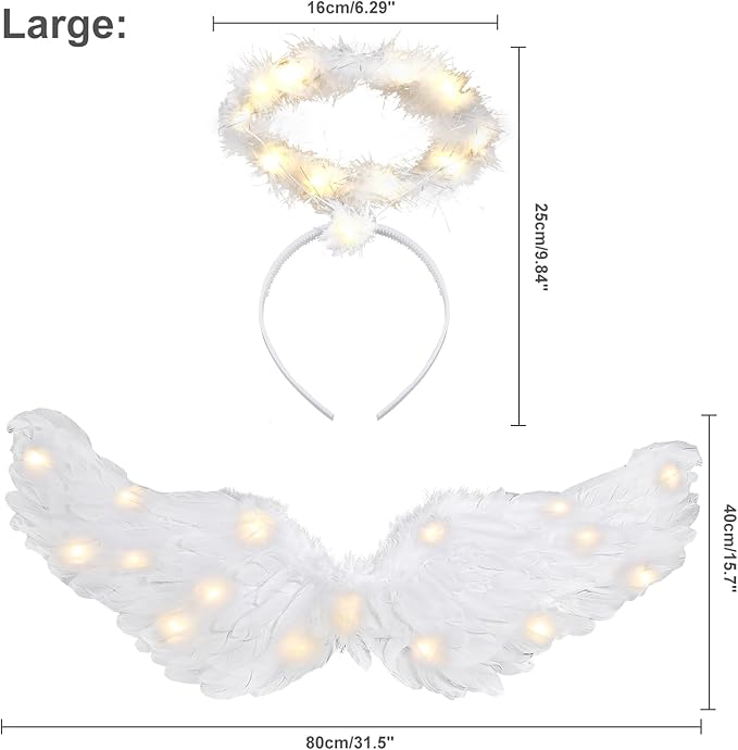 Angel Wings, Light Up Angel Wings and Halo with LED Lights, White Angel Wings Costume for Adult Women Kids Halloween Xmas