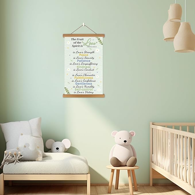 KAlRNE Fruit of The Holy Spirit Poster,Christian Wall Art,Fruit Bible Verse Canvas Hanging Kit,Inspirational Wall Decor,Motivational Poster With Wood Magnetic Hanger for Bedroom Classroom Decoration