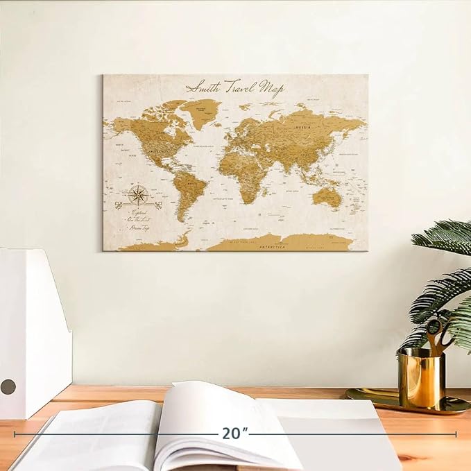ElephantStock - Personalized Travel Push Pin World Map Wall Art - Horizontal Canvas Wall Art - Living Room Wall Decor - Digital Art Map Canvas Art - Orange And Beige Decor - 12" x 8"