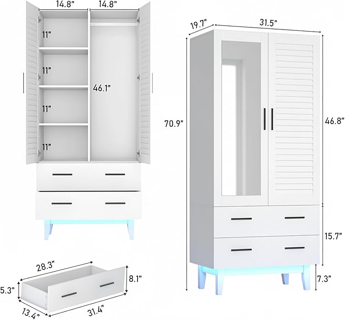 2 Door Armoire Wardrobe Closet Cabinet with Mirror, Drawers and LED Lights, Multi-Tier Shelves, Hanging Rod & 2 Louver Doors, Large Capacity Storage Wardrobe Armoire for Bedroom, White