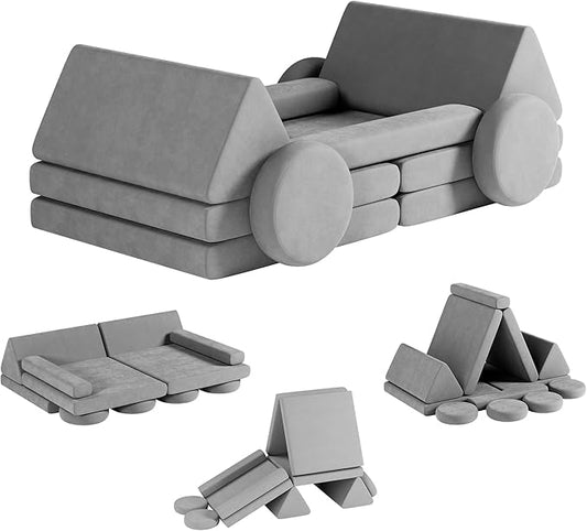 12 PCS Modular Kids Play Block Couch Child Sectional Soft Sofa Toddler Building Fortplay Climbing Bedroom Playroom Baby Convertible Floor Foam Cushion for Boys & Girls (car-Shaped-Grey)