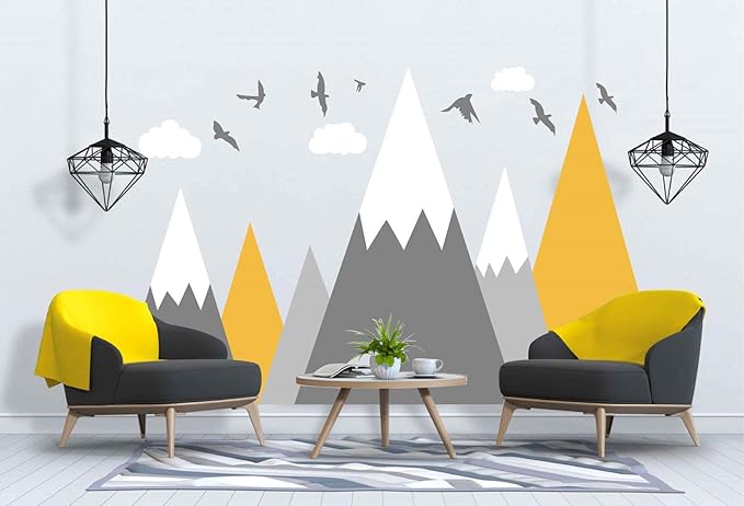 Mountain Wall Decal Baby Room Nursery Adventure Theme Cloud Birds Vinyl Wall Stickers BA972 (Color 1-Yellow, 71X43.inches)