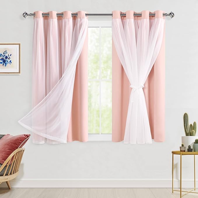 Hiasan Blackout Curtains with Sheer Overlay, Thermal Insulated Mix & Match Double Layer Room Darkening Window Curtains for Bedroom,Living Room, Nursery 2 Panels with Tiebacks(52W X 54L,Blush Pink)