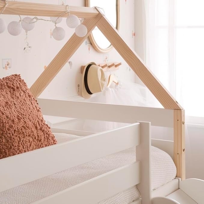 From the Tree Furniture Twin Loft Bed with Slide for Kids – Solid Wood House Frame with Safety Rails, Low Loft Playhouse Bed