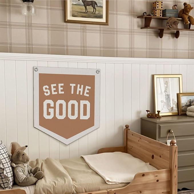 See The Good Banner – Boho Vintage Linen Pennant, Inspirational Wall Hanging Flag for Accent Decor, 12.4x14 in