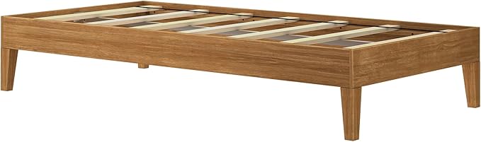 Max & Lily Fundamental Twin Platform Bed Frame, Kids Modern Solid Wood Bed, Strong Wooden Slats, Non-Toxic Finishes, Matte Pecan