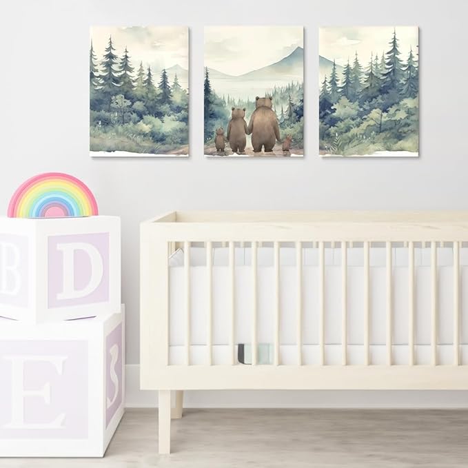 Rustic Bear Family Nursery Decor, Forest Animals Woodland Wall Decor, Love of A Family of Four, Set of 3 Canvas Prints, Landscape Bear Wall Art for Boy's Room Decor, Framed 16"x24"x3