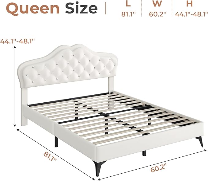 BTHFST Queen Size Upholstered Bed Frame with LED Lights, Adjustable Headboard with Crystal Button, Princess Platform Bed for Girls, Solid Wood Slats Support, No Box Spring Needed, Beige