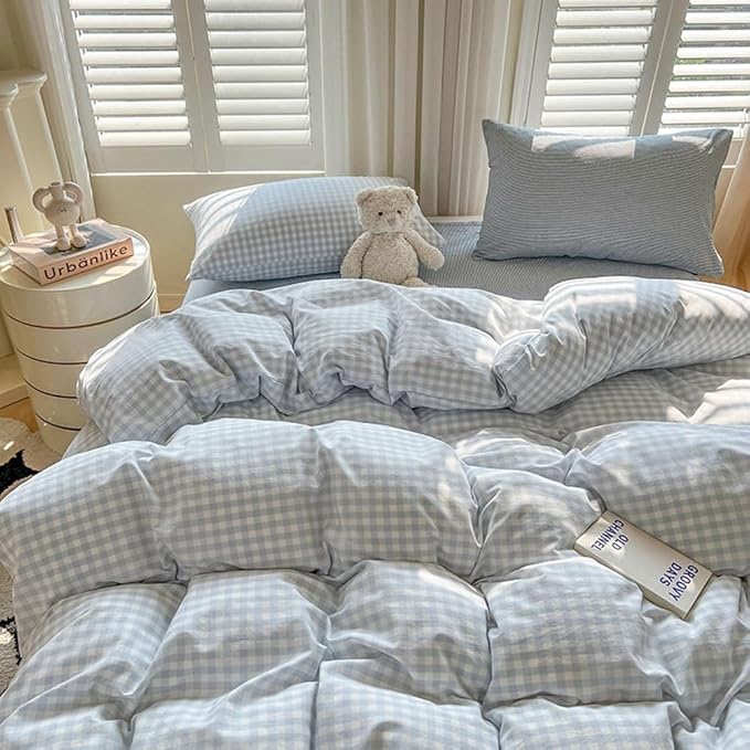Nayoroom Blue Gingham Comforter Set Full Size Plaid Checkered Dorm Bedding Set 3 Pieces Soft Lightweight Farmhouse Grid Comforter for All Seasons (1 Comforter, 2 Pillowcases)