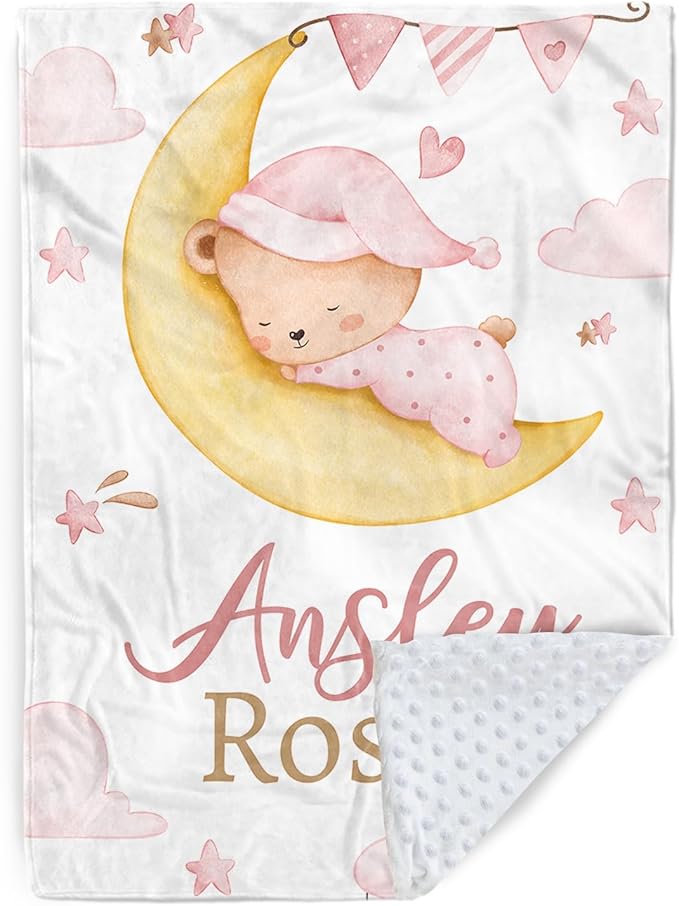 Personalized Baby Blanket for Girls, Custom Name Blanket for Newborn Toddler, Soft Flannel with Double Layer Dotted Backing, Gifts for Baby Shower Christmas Birthday, Pink Moon Bear(47" x60)
