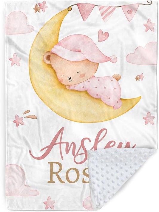 Personalized Baby Blanket for Girls, Custom Name Blanket for Newborn Toddler, Soft Flannel with Double Layer Dotted Backing, Gifts for Baby Shower Christmas Birthday, Pink Moon Bear(47" x60)