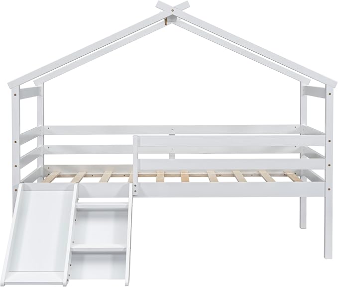 Twin Size Low Loft Bed with Slide and Ladder for Kids Boys Girls, Solid Wood House Roof Loft Bed Frame with Safety Guardrails, Sturdy Slat Support (White-50)