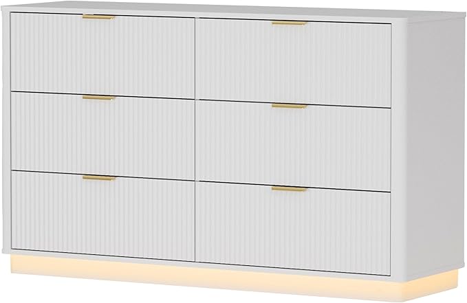 Fluted Dresser for Bedroom with 6 Drawers, 54" Wide Modern Chest of Drawers with Lighting, Wooden Dresser TV Stand with Curved Edges, Closet Organizer for Living Room, Hallway,White