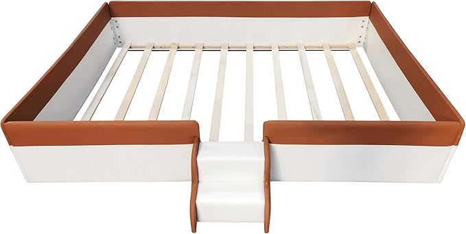 Queen Size Upholstered Daybed Frame with Fence and Stairs, Montessori Kids Floor Bed with Sturdy Slat Support for Kids Boys Girls (Brown+Queen)