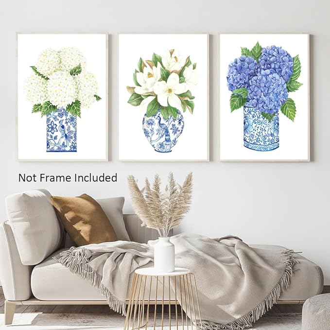 LUHDFYS Blue White Willow Style Ginger Jar Watercolor Chinoiserie Decor Canvas Painting Orchid Oriental Vase Porcelain Flower Jar Prints No Frame (16x24Inch Unframed)